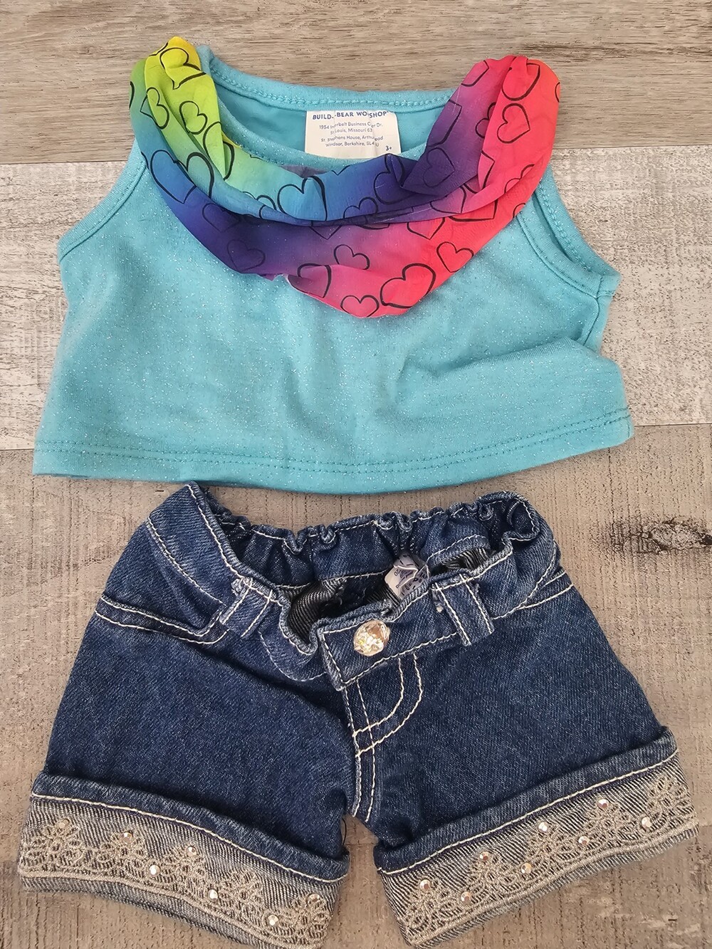 Build A Bear Clothing Girls Blue Glitter Top with Rainbow Hearts Denim Lace #38